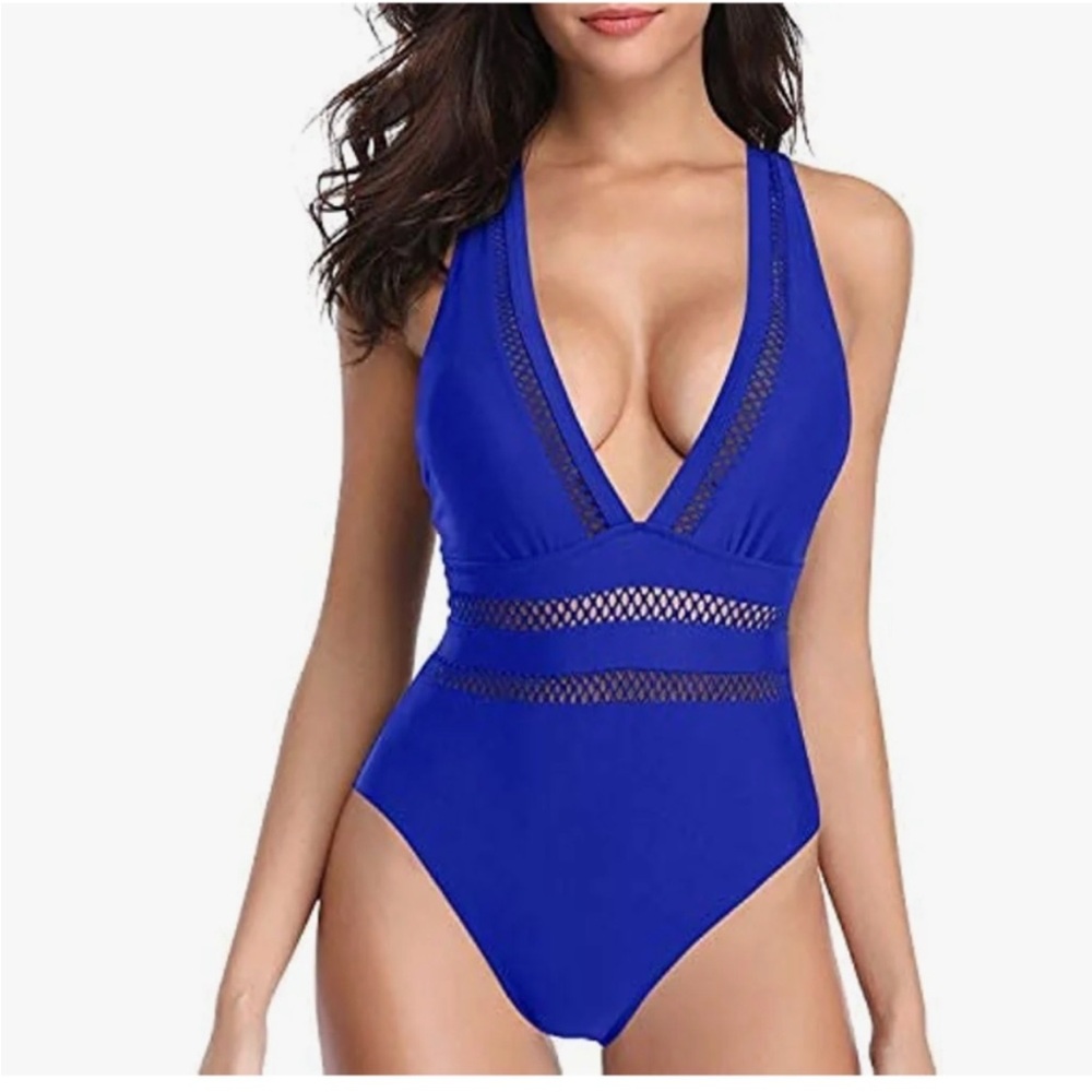Blue mesh one piece bathing suit